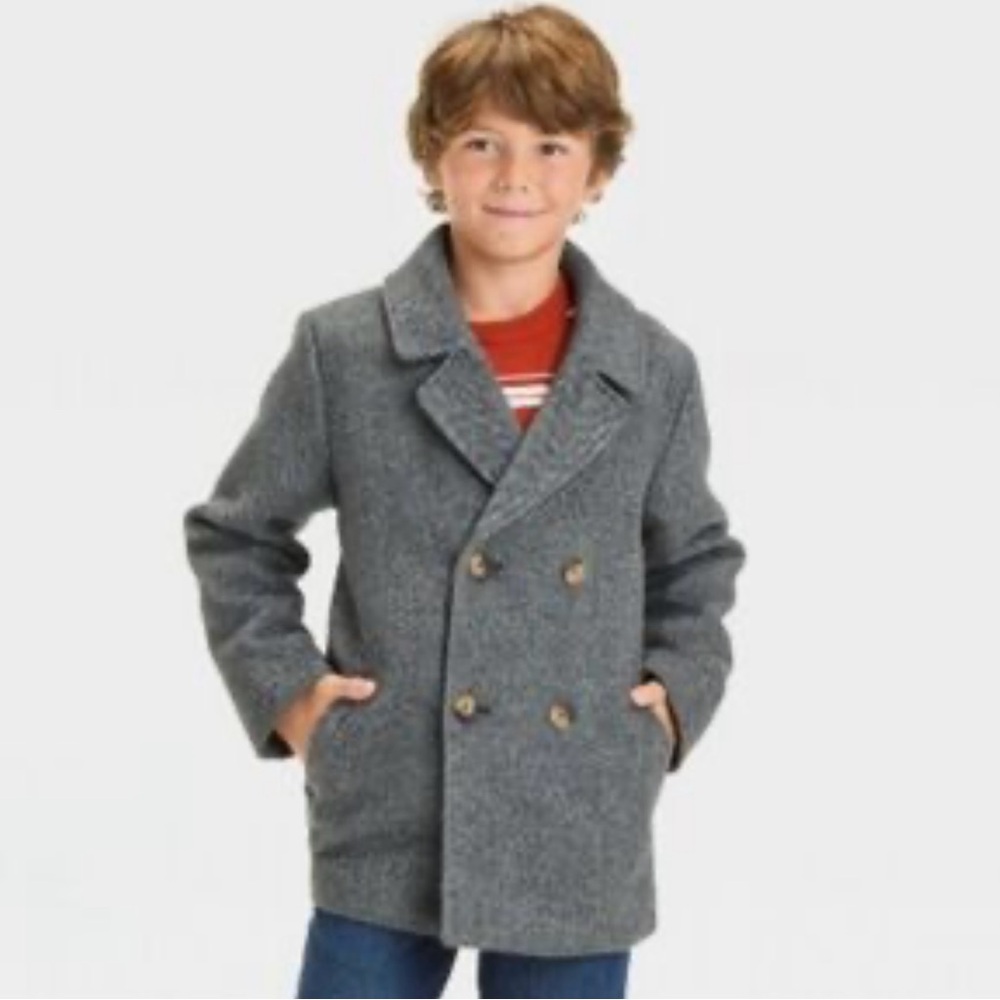 🆕 Cat & Jack Gray Tweed Faux Wool Double Breasted Lined Pea Coat Size M (8) - Picture 2 of 11